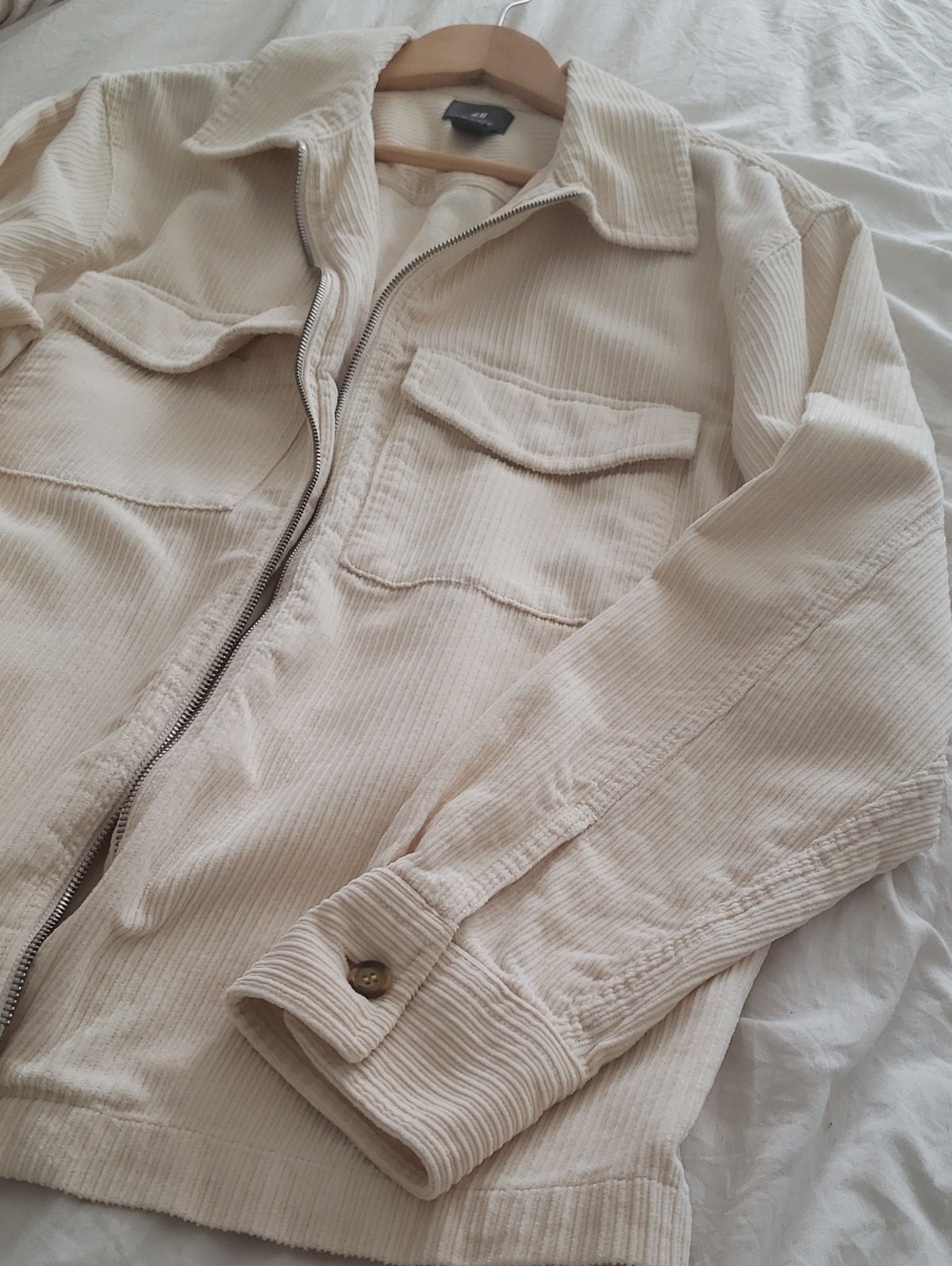 Beige Corduroy Zip-Up Shirt Jacket